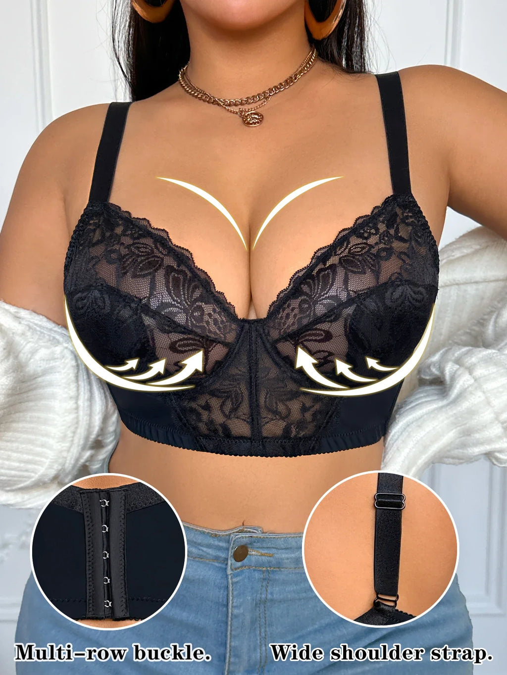 Sexy Hollow-Out Lace Plus Size Women's Bra Unlined Push up Bra Comfort Thin Cup Wide Shoulder Straps Underwire Bra