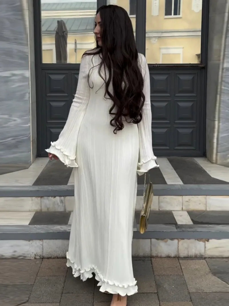 Trendix Knit Elegant Ruffle Maxi Dress Women Summer High Waist Long Sleeve Lace Up Dresses Casual Sexy Backless Knitwear Dress