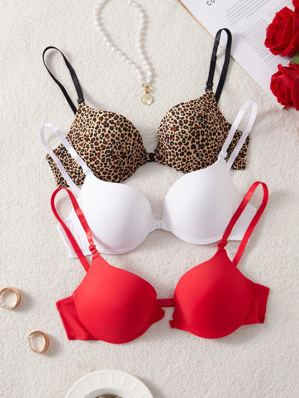 3-Pack Women's Underwear Set Everyday Basic Simple Solid Underwire Padded Push-Up Bra Casual & Comfortable T-Shirt Women's Bra