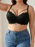 Plus Size Women's B C D Lace Bra Wide Straps Side Support Comfort Underwire Push Up Bra Breast Strap Detail Bralette