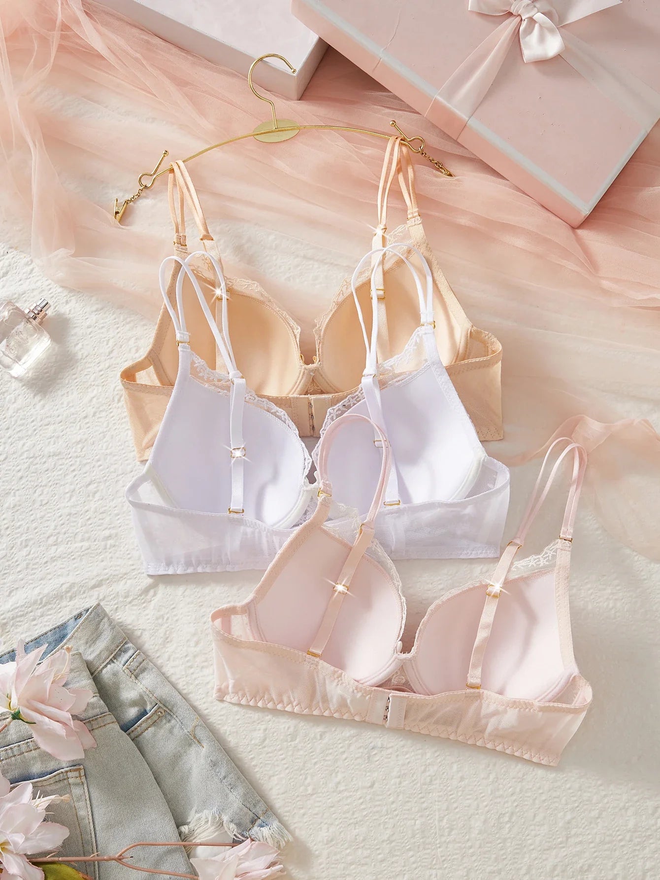 3PCS Sexy Floral Lace Women's Underwear Set Bow Push up Bra Supportive and Comfortable Unpadded Female Lace Bra