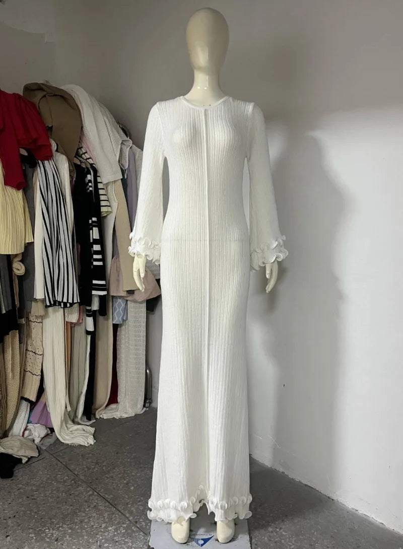 Trendix Knit Elegant Ruffle Maxi Dress Women Summer High Waist Long Sleeve Lace Up Dresses Casual Sexy Backless Knitwear Dress