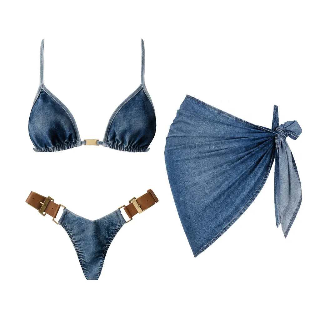 Denim Print Bikini 2026 Women Sexy Swimsuit Push Up Swimwear Bandeau Biquini Female Micro Bikinis Deep V Bathing Suit Beachwear