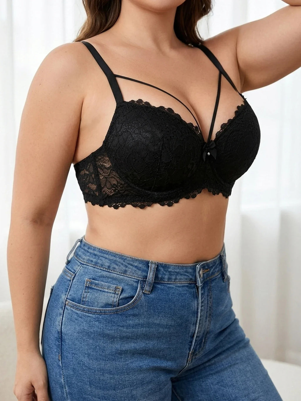 Plus Size Women's B C D Lace Bra Wide Straps Side Support Comfort Underwire Push Up Bra Breast Strap Detail Bralette