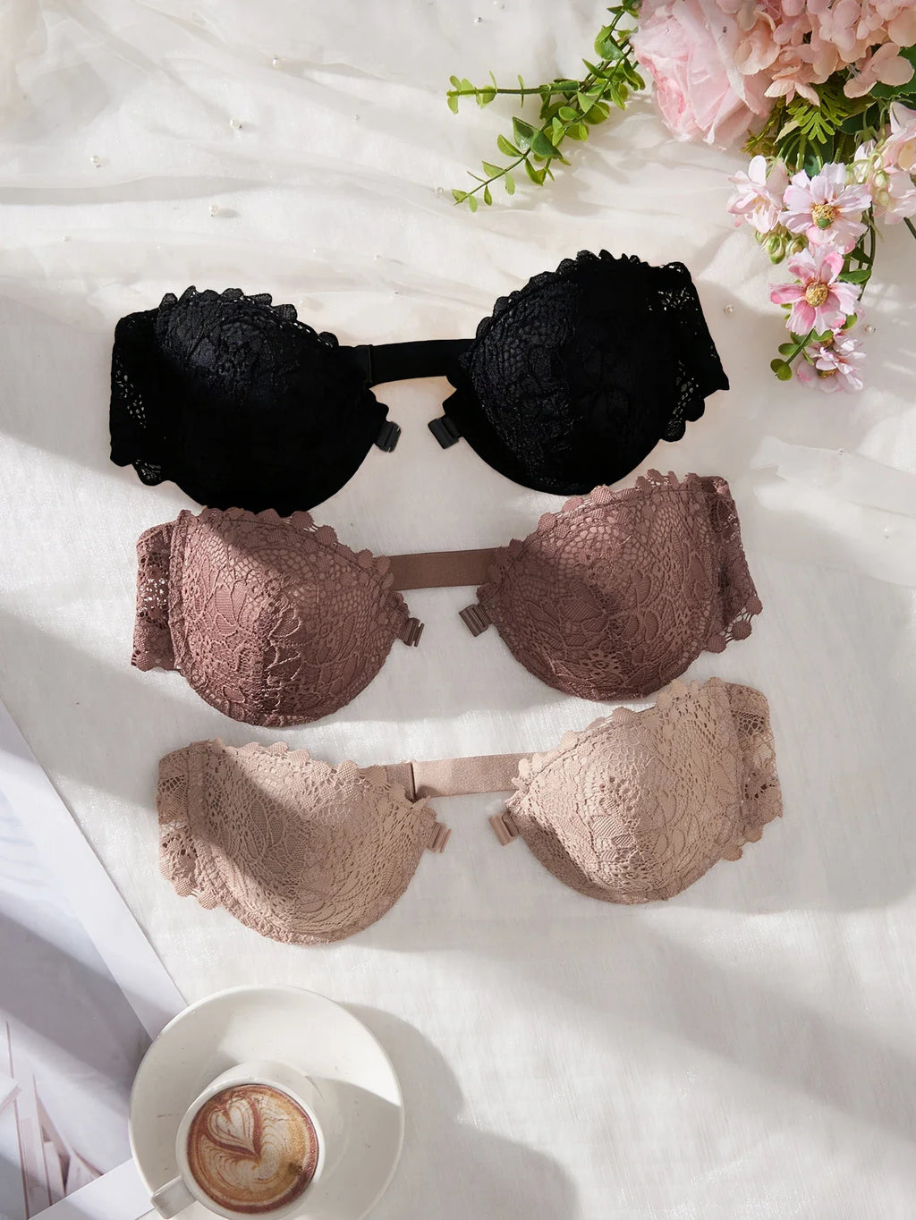 3Pcs Lace Women Strapless Bra Stylish Front Buckle Push up Bra Invisible Off-Shoulder Underwire Bras Women