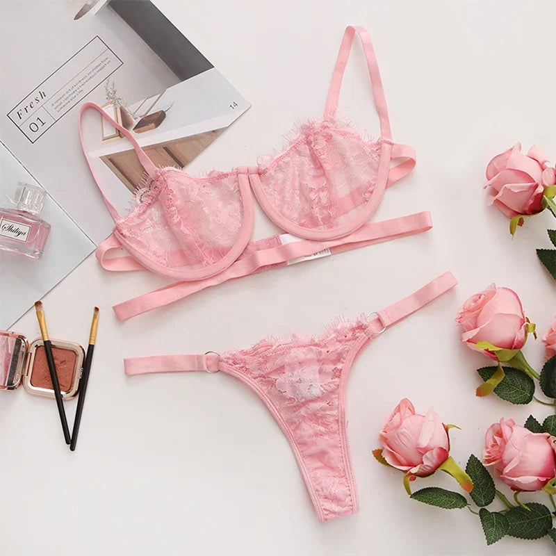 Sexy Lace Bra And Thong Set Woman Porn Fancy Sensual Luxury Lingerie  Transparent Underwear Exotic Sets For Women's Panty Set