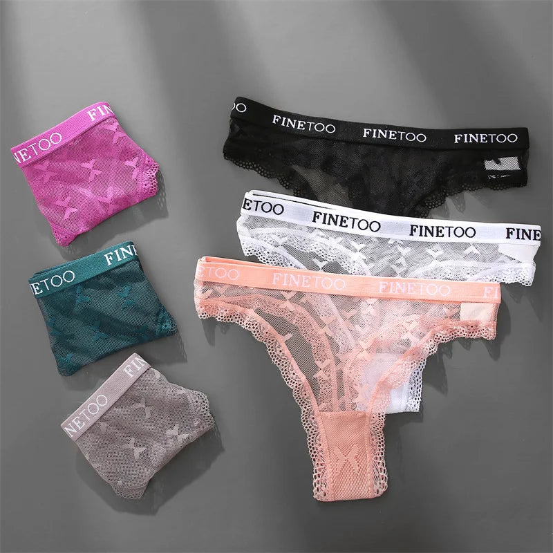 FINETOO Women Sexy Lace Low-Rise Thongs Letter Waist Transparent G-String Ladies Seamless Lingerie Hollow Out Perspective T-Back