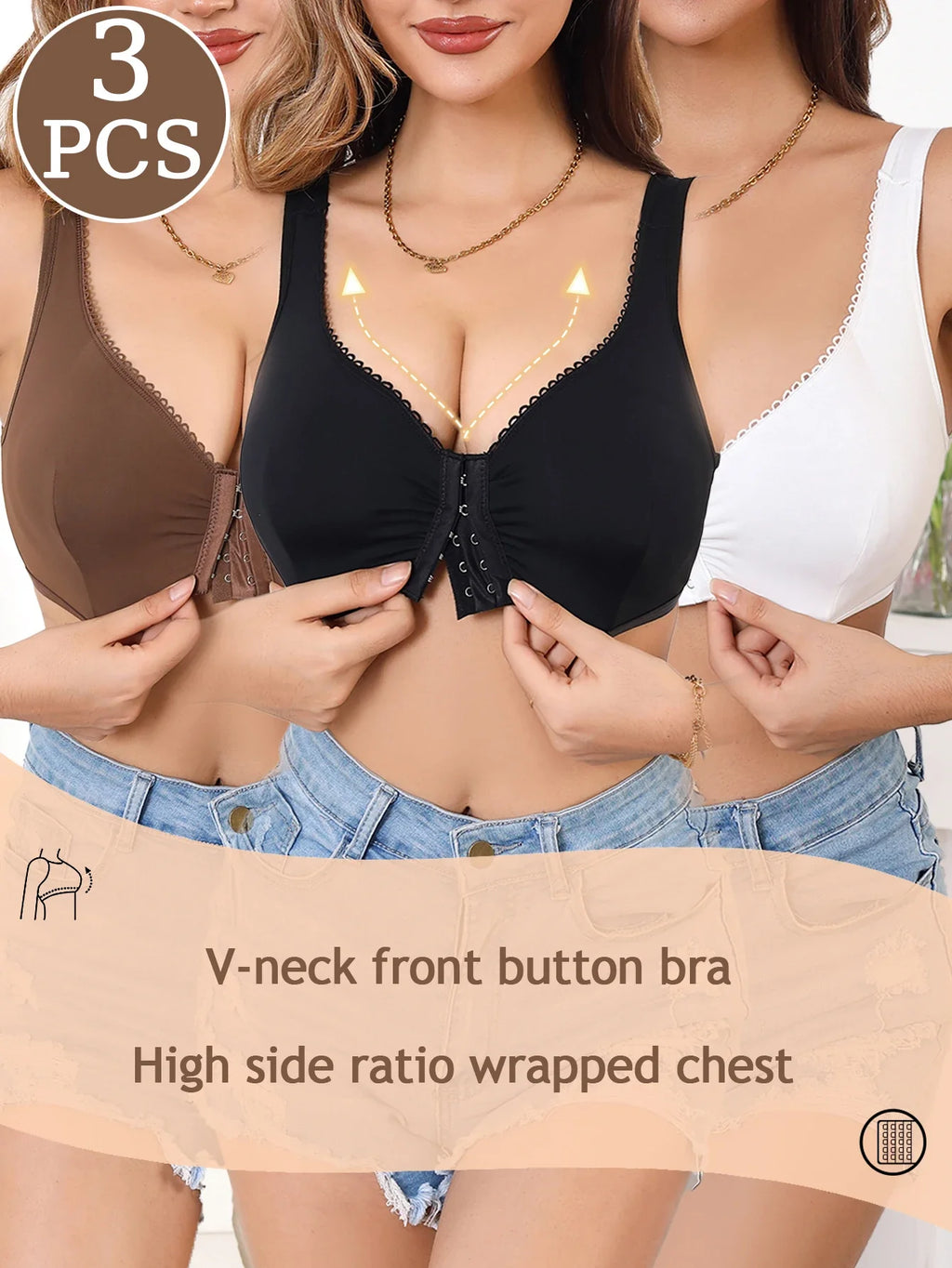 3Pcs/Set Summer Solid Wireless Women's Bra Bralette Front Clasp Push up Bra Comfort Unpadded Bras