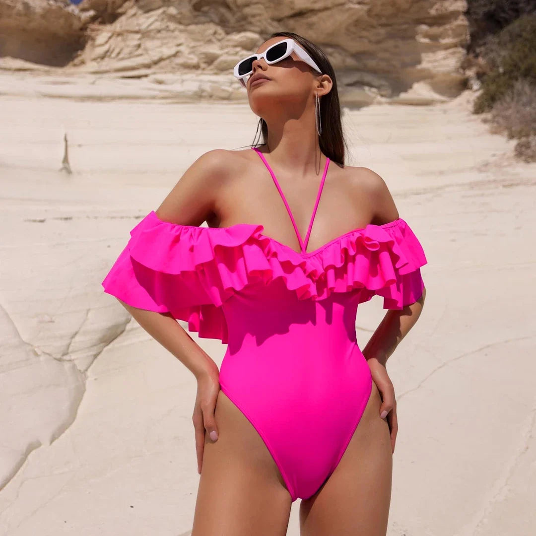 2025 New Sexy Off The Shoulder Solid Swimwear Women One Piece Swimsuit Female Bathing Suit Ruffle Monokini Swim Wear XL