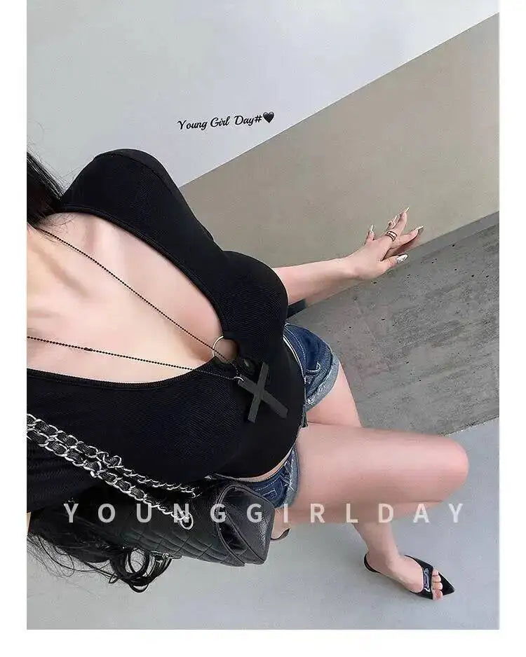 Hot Girl Sexy Hollow V-neck Tight Look Slimming Chest Cushion Short Sleeve Jumpsuit T-shirt Top Body Suits Fashion Women 256M