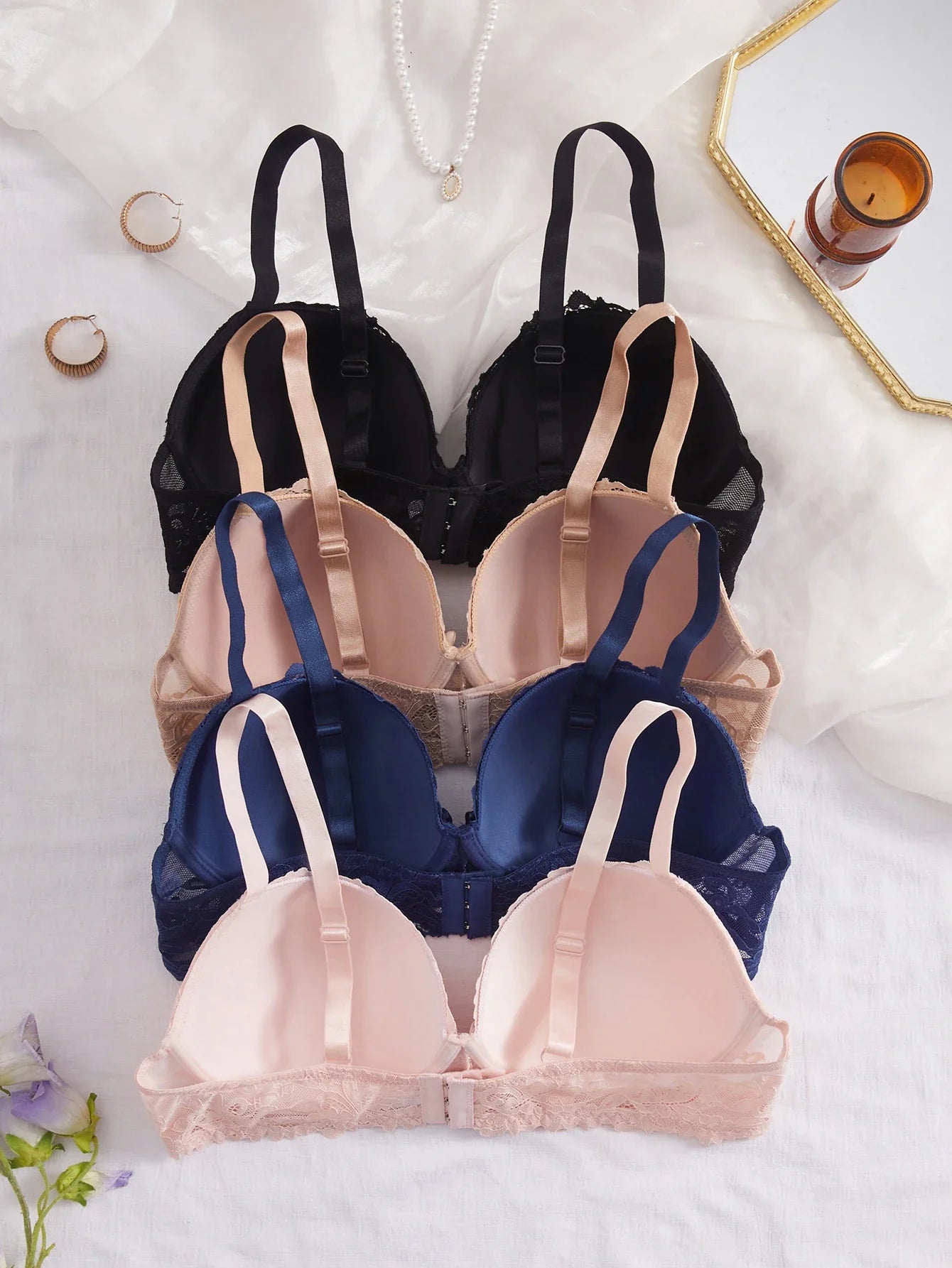 4Pcs Daily Plus Size Floral Lace Women's Underwear Set Thin Cup Push up Bra Wide Strap Underwire Side Support Women Lingerie Bra