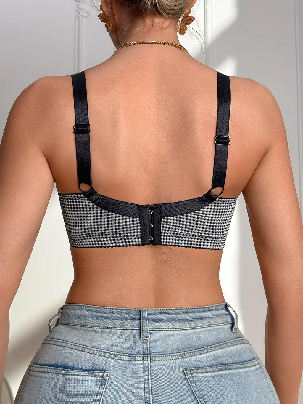 Women's Gingham Push Up Bra Plunge Underwire Underwear Sexy Crisscross Lift Up Comfortable Bra for Daily Wear