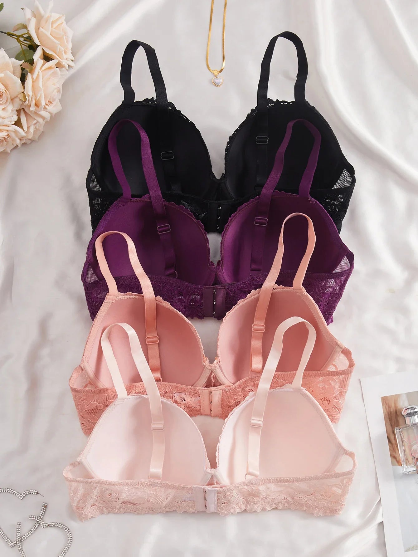 4Pcs Daily Plus Size Floral Lace Women's Underwear Set Thin Cup Push up Bra Wide Strap Underwire Side Support Women Lingerie Bra