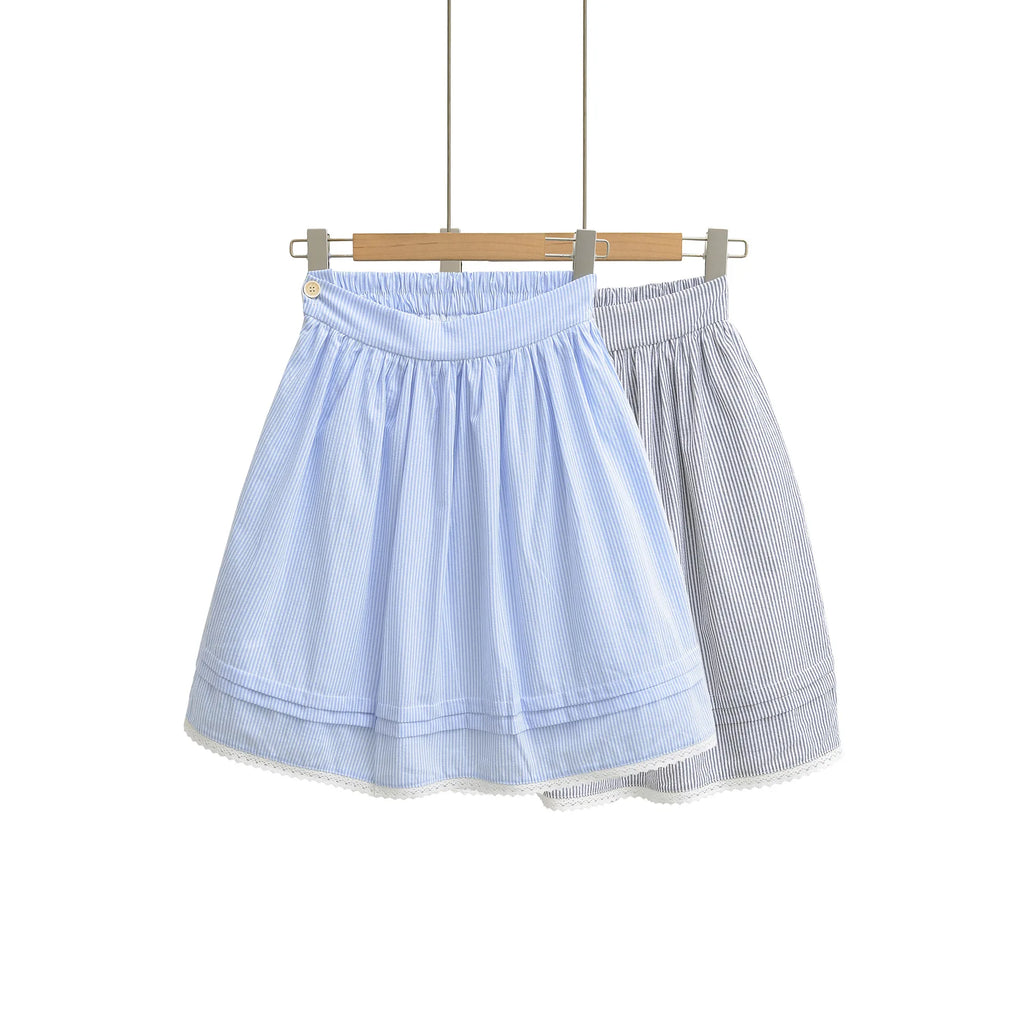 Spring French Style Fresh Slimming Blue Striped Lace Trimmed High Waist A-Line Short Skirt Half Skirt For Woman Casual HMJ9