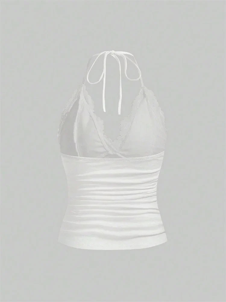 Lace V-neck Halter Top Women Summer Sexy Grunge Punk Goth Backless Ruched Crop Top Cami Top Streetwear Y2K Clothes 2024