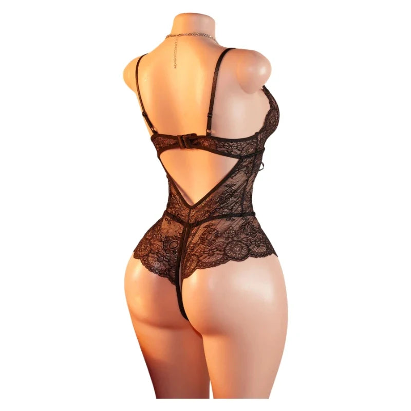 Transparent Bodysuits Lingerie Women Lace Hollow Bra Set Adult Erotic Costume Baby Doll Dress Deep V Open Bra Thin Underwear Set