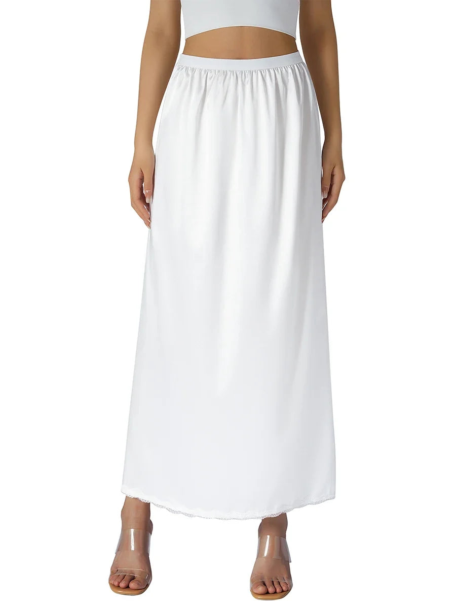 Women's Solid Color Skirts Elastic Waist Satin Underskirt Lace Trim Skirt for Under Dresses Black/White