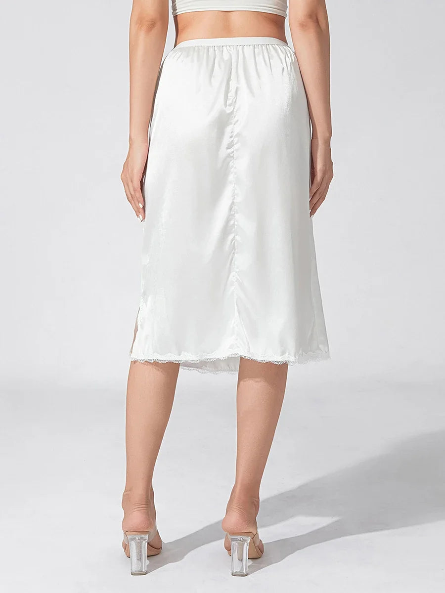 Women's Solid Color Skirts Elastic Waist Satin Underskirt Lace Trim Skirt for Under Dresses Black/White