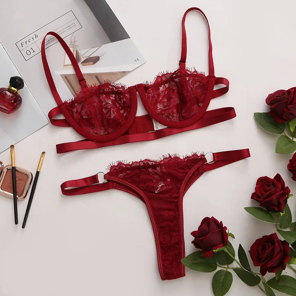 Sexy Lace Bra And Thong Set Woman Porn Fancy Sensual Luxury Lingerie  Transparent Underwear Exotic Sets For Women's Panty Set