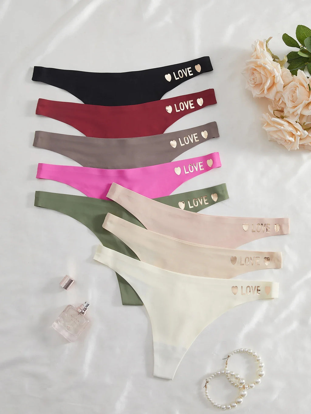 8PCS Seamless Thong for Women Solid Underwear Love Print Lettering Soft Panties Thin Lingerie