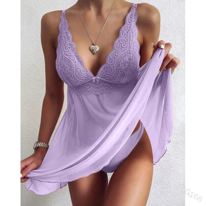 Women Sexy Sleepwear Summer Fashion Sleeveless V Neck Backless Mini Sleep Dress Lace Comfort Nightwear Erotic Plus SizeUnderwear