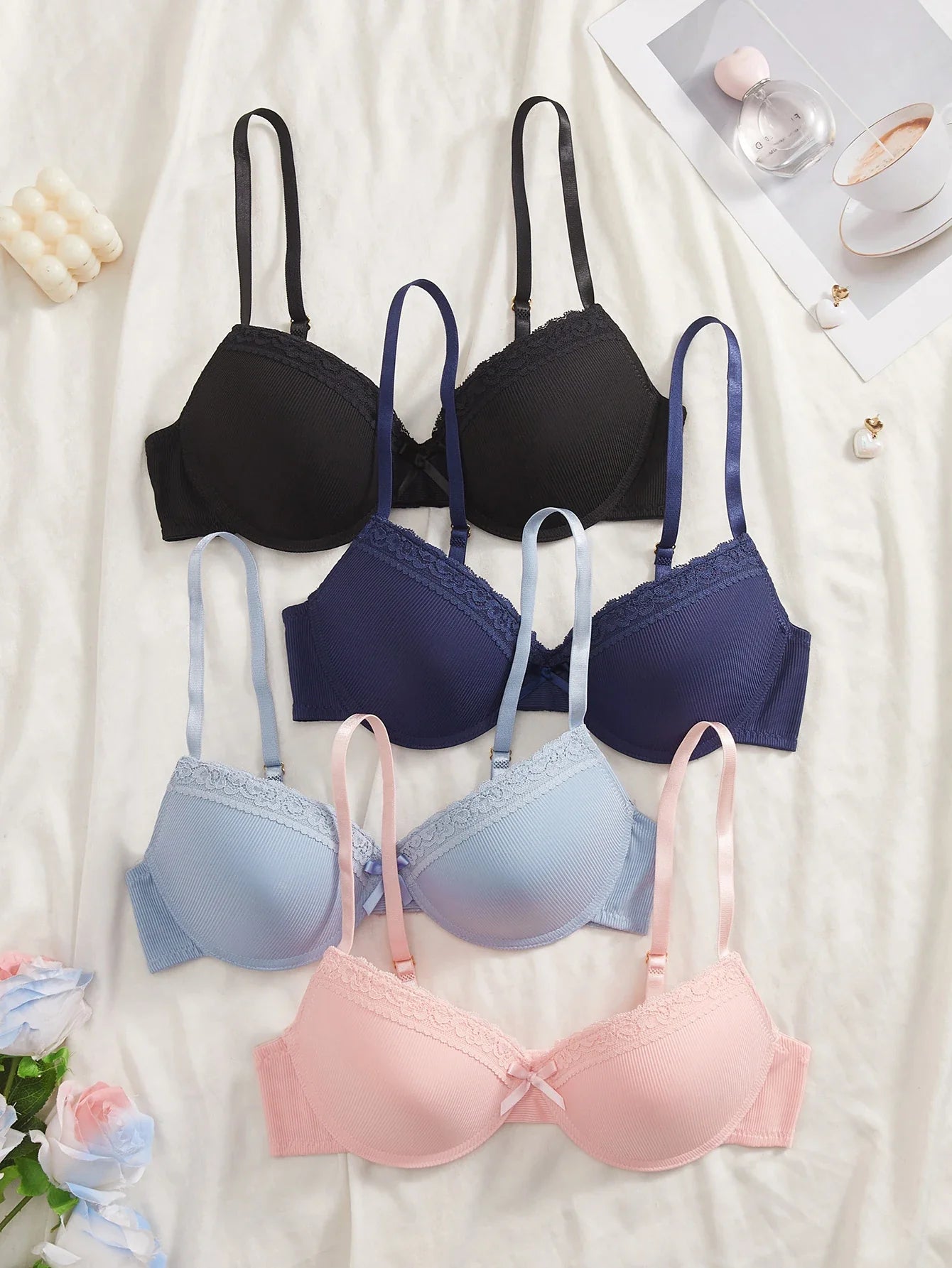 4Pcs Daily Lace Trim Women's Underwear Set Rib Knit Push up Underwire Bra Airy & Stylish Women's Bra