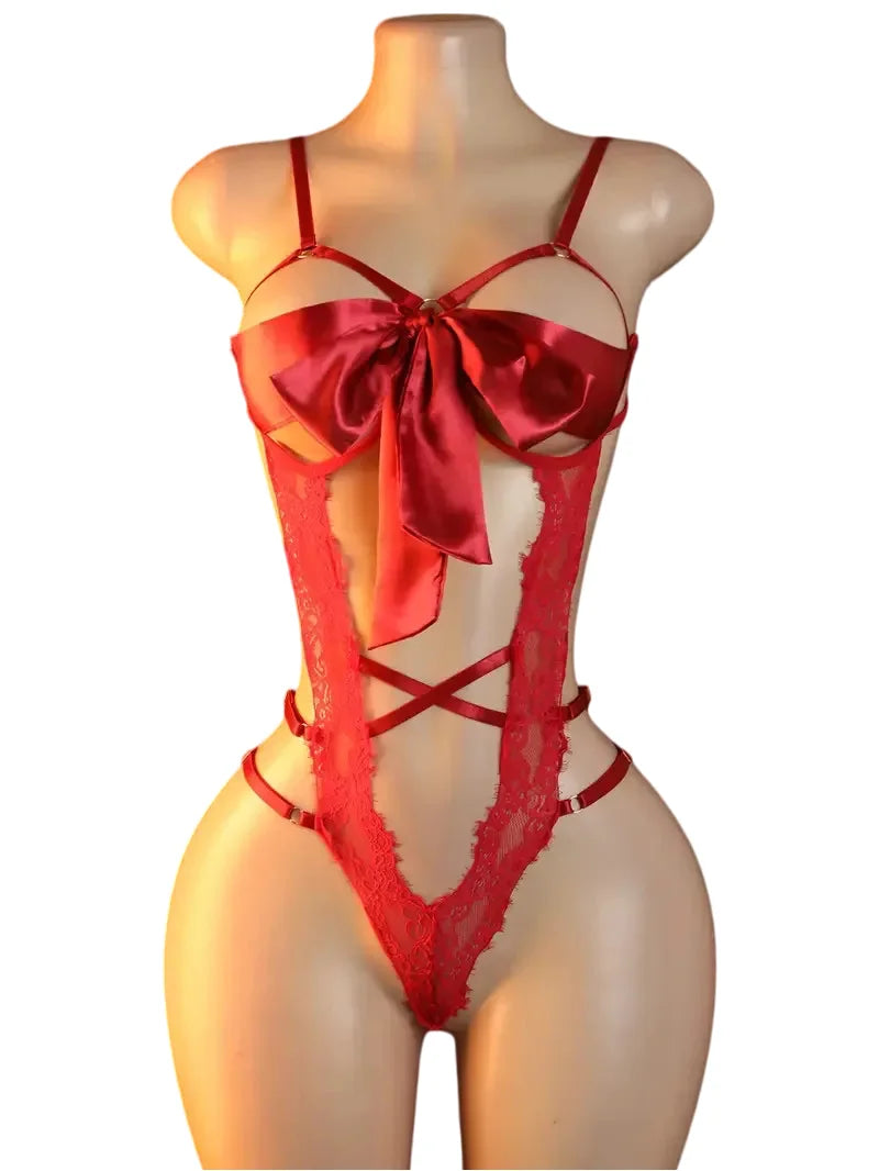 Adult Erotic Lingerie Women BodySuit Crotchless Sexy Temptation Lace Hollow Body Suit Pajamas Cosplay V-neck Hot UnderwearSet