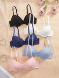 5Pcs Daily Lace Trim Women's Underwear Set Solid Ribbed Push up Bra Comfy & Fashionable Women Underwire Bras