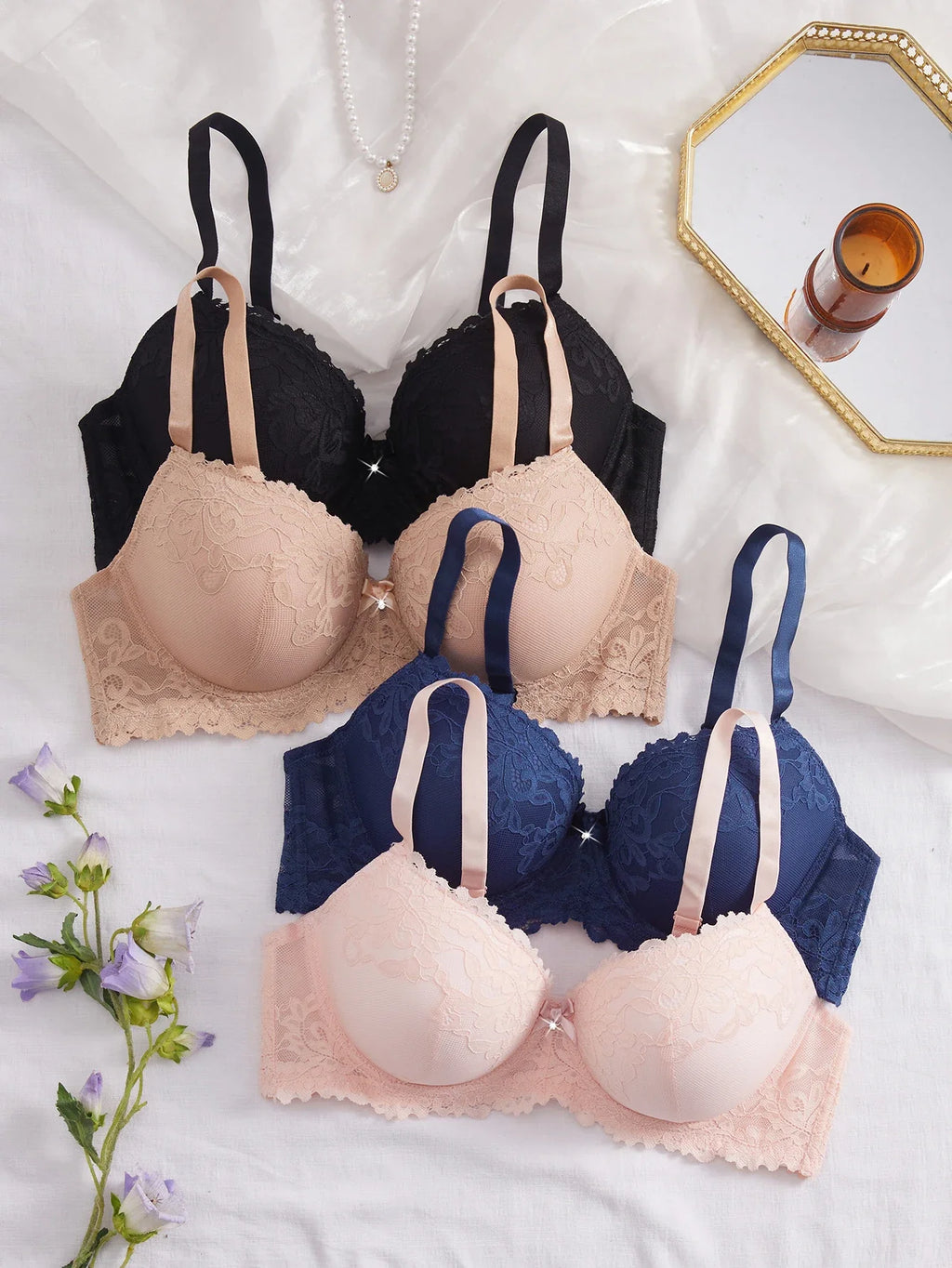 4Pcs Daily Plus Size Floral Lace Women's Underwear Set Thin Cup Push up Bra Wide Strap Underwire Side Support Women Lingerie Bra