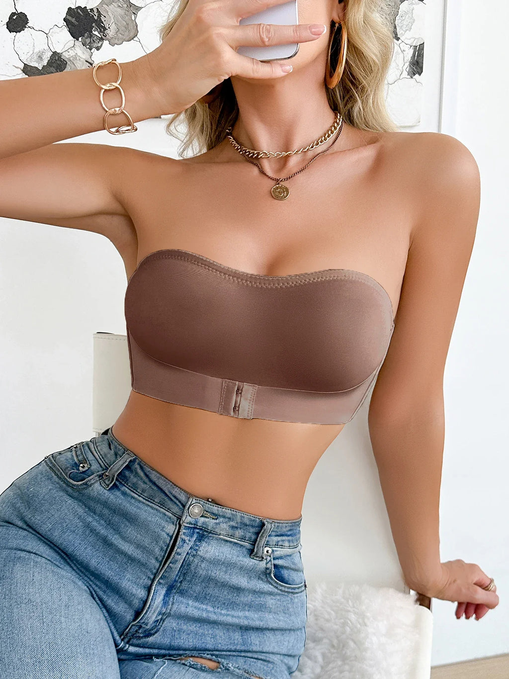 Daily Strapless and Wireless Women's Bra, Seamless Unlined Comfortable Push-up Trendy Solid Color Lingerie