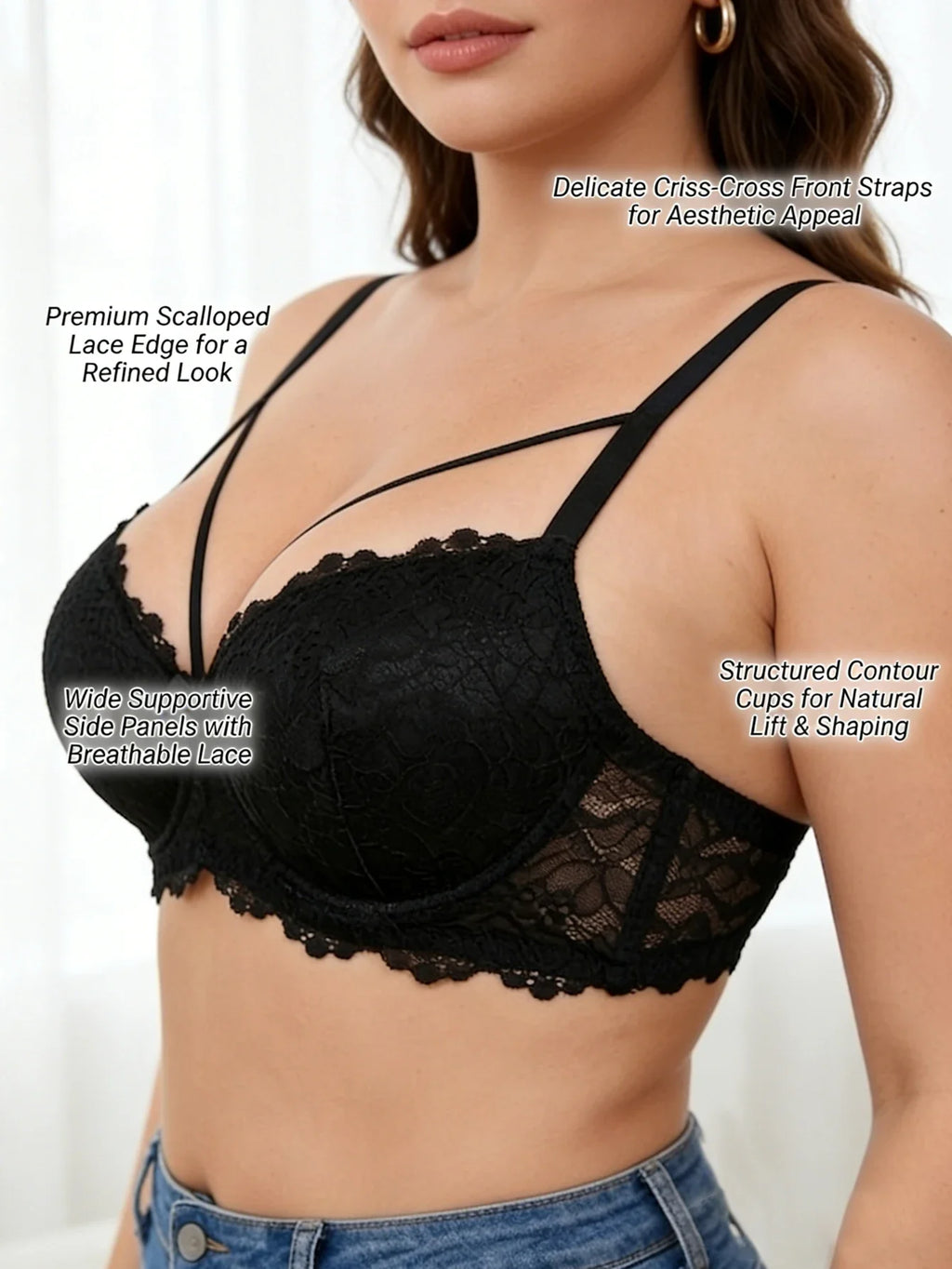 Plus Size Women's B C D Lace Bra Wide Straps Side Support Comfort Underwire Push Up Bra Breast Strap Detail Bralette