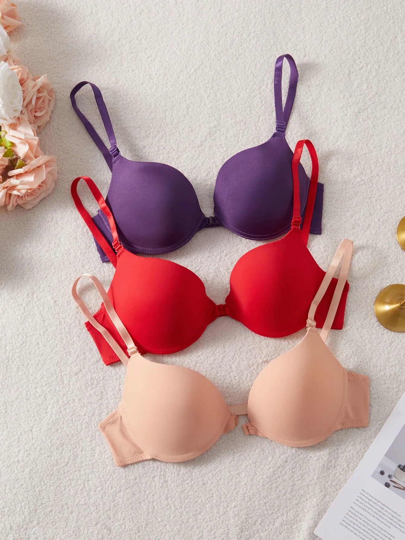3-Pack Women's Underwear Set Everyday Basic Simple Solid Underwire Padded Push-Up Bra Casual & Comfortable T-Shirt Women's Bra