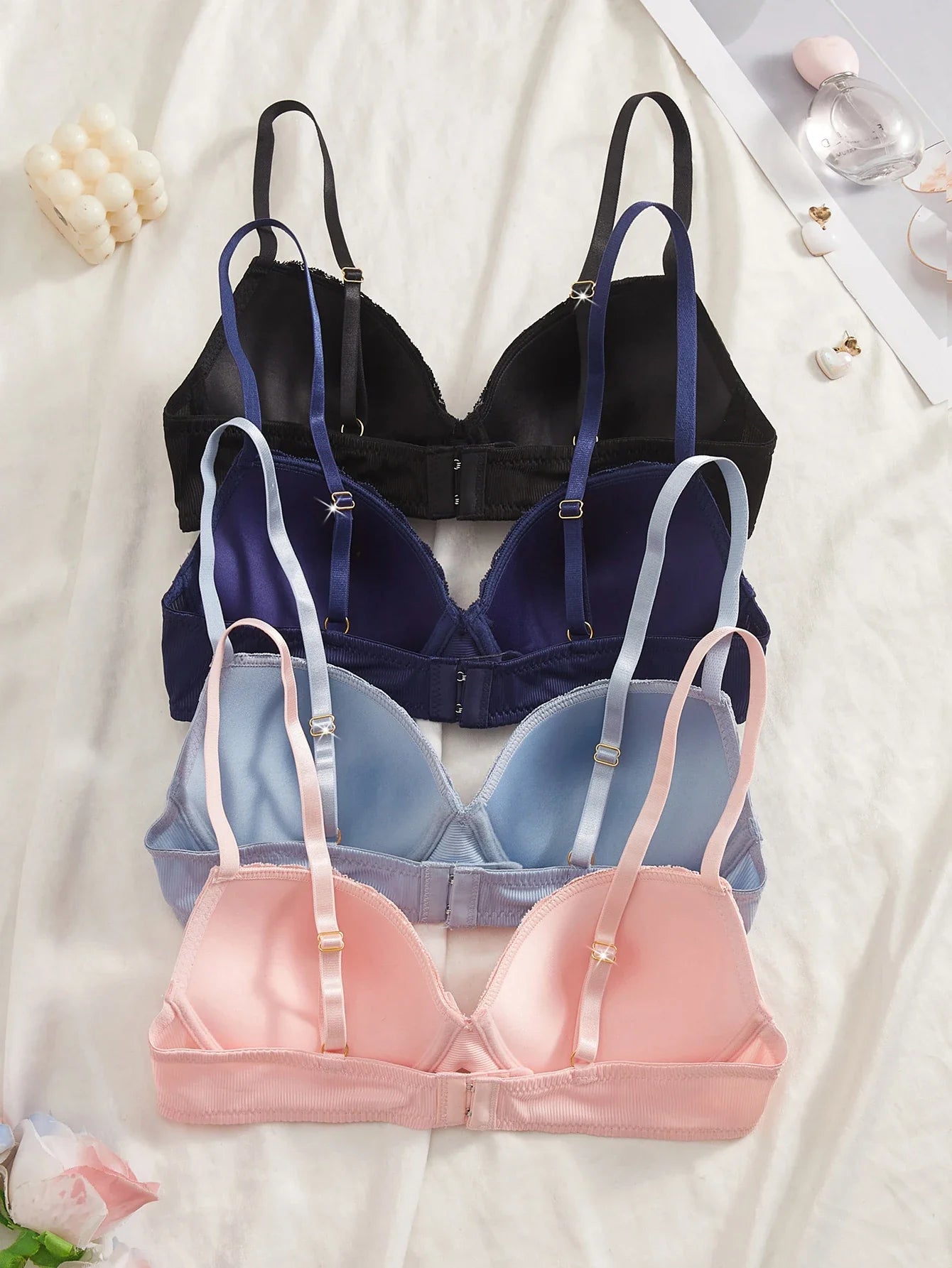 4Pcs Daily Lace Trim Women's Underwear Set Rib Knit Push up Underwire Bra Airy & Stylish Women's Bra