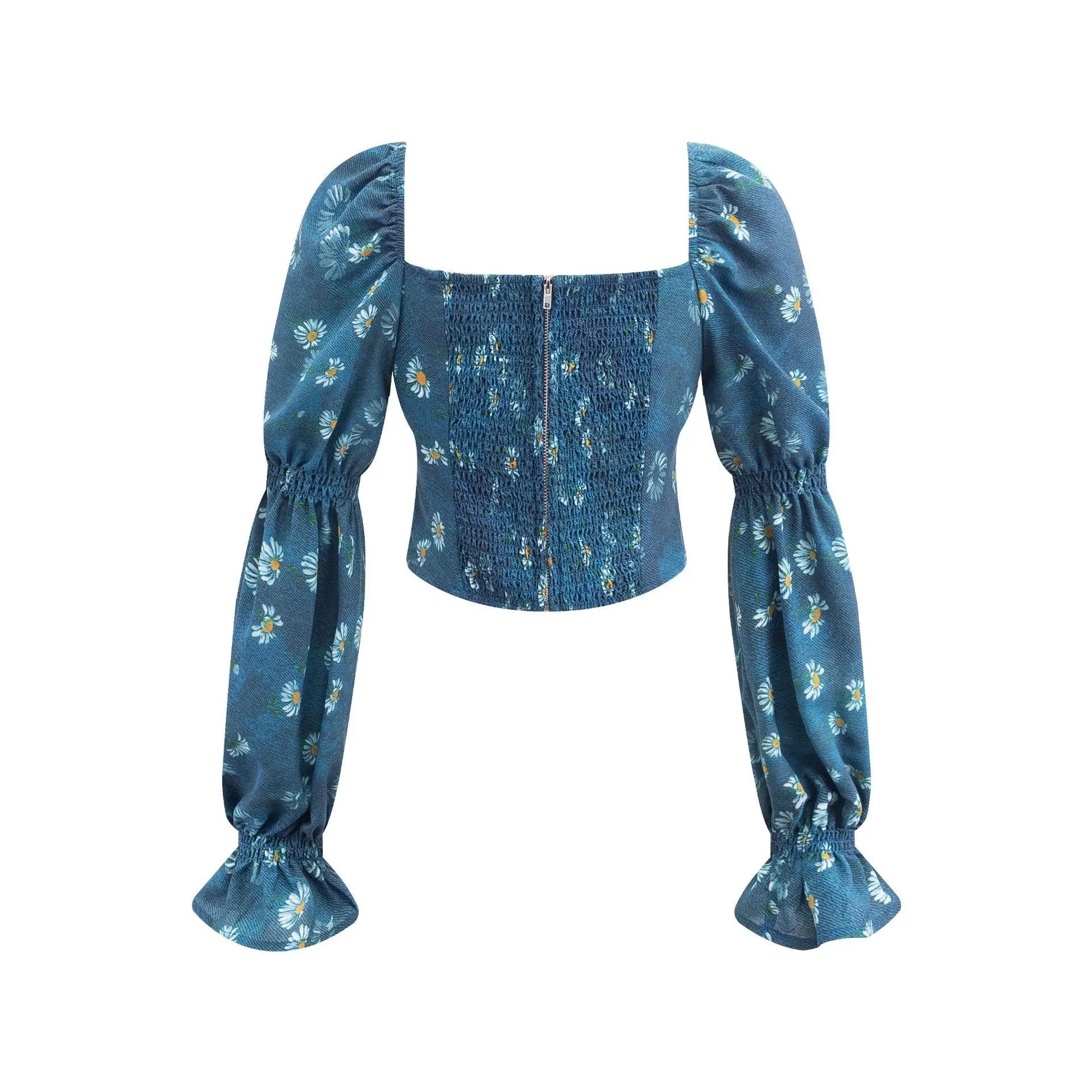 Teal Daisy Print Crop Blouse For Women Square Neck Sheer Puff Sleeves Ruffled Cuffs For Summer Evenings Garden Romantic RIOL