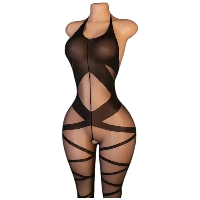 One Piece Crotchless Bodystocking EroticTransparent Sexy Lingerie Sexiest Bodysuit Mesh Hollow Bra Set Black Full Body Stockings