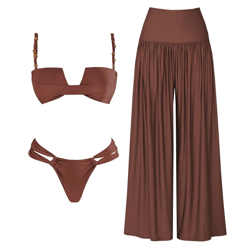 Bandeau 3 Pieces Bikini 2025 Sexy Women Swimsuit Swimwear Female Dress Cover Up Bikini Set Beachwear Bathing Suit Swimming Suit
