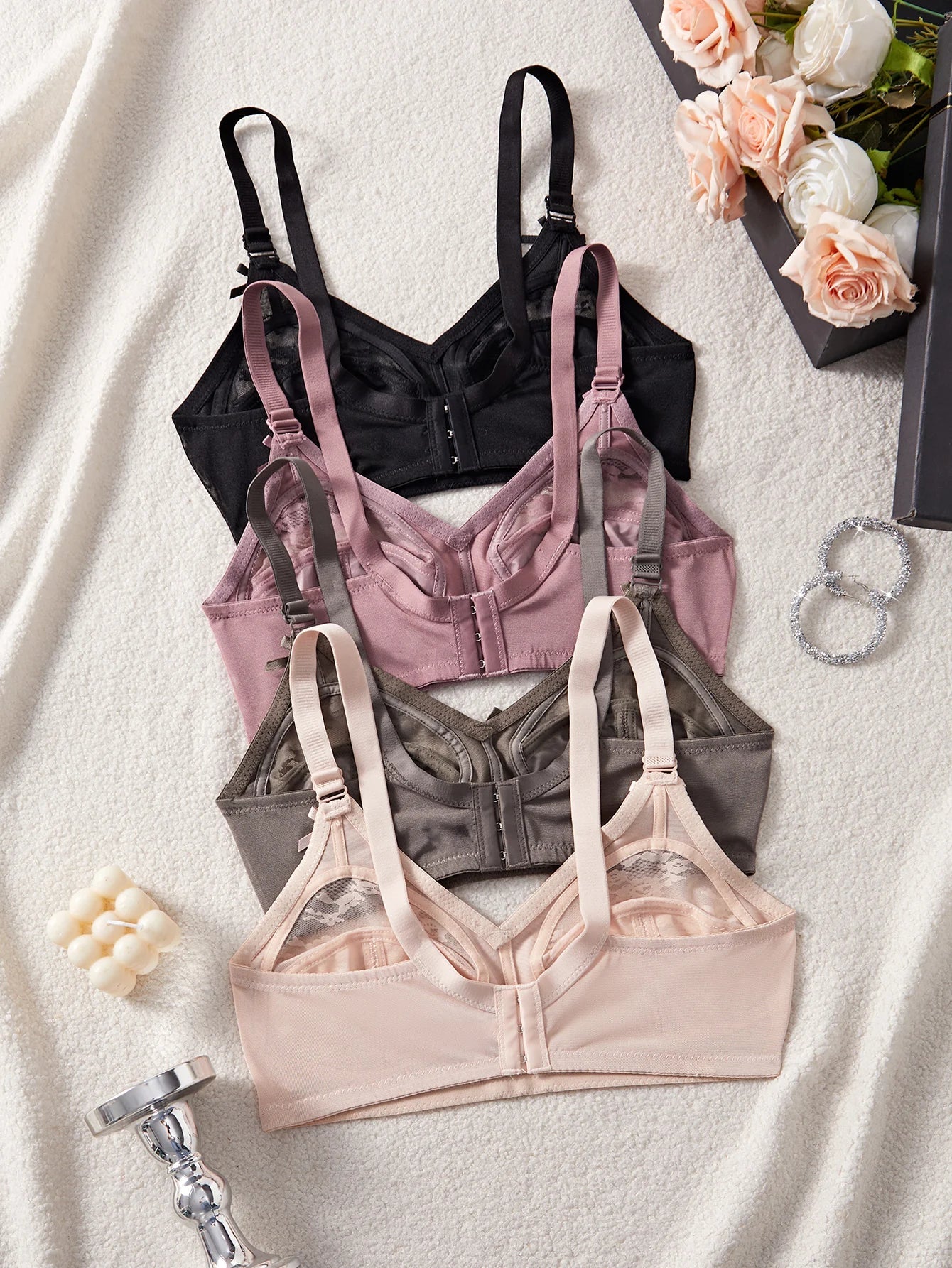 4Pcs Wireless Lace Women's Bra Unlined Full Cup Bralette for Women Comfort Daily Wide Strap Mesh Lace Lingerie Bra S-XXL