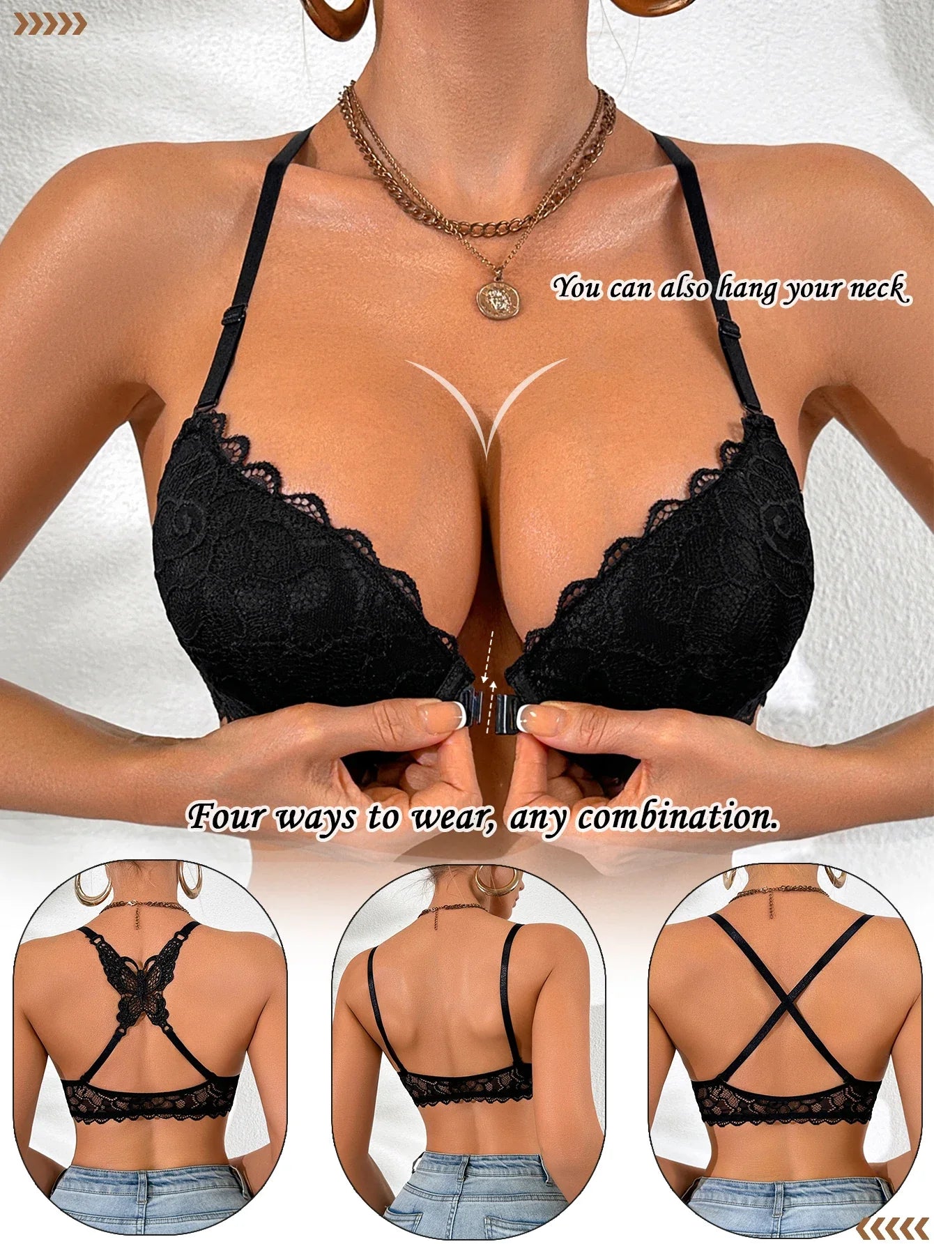 1Pcs Lace Butterfly Women's Sexy Bras French Front Closure Push up Bra Non-Padded Comfortable Versatile Back Design Top