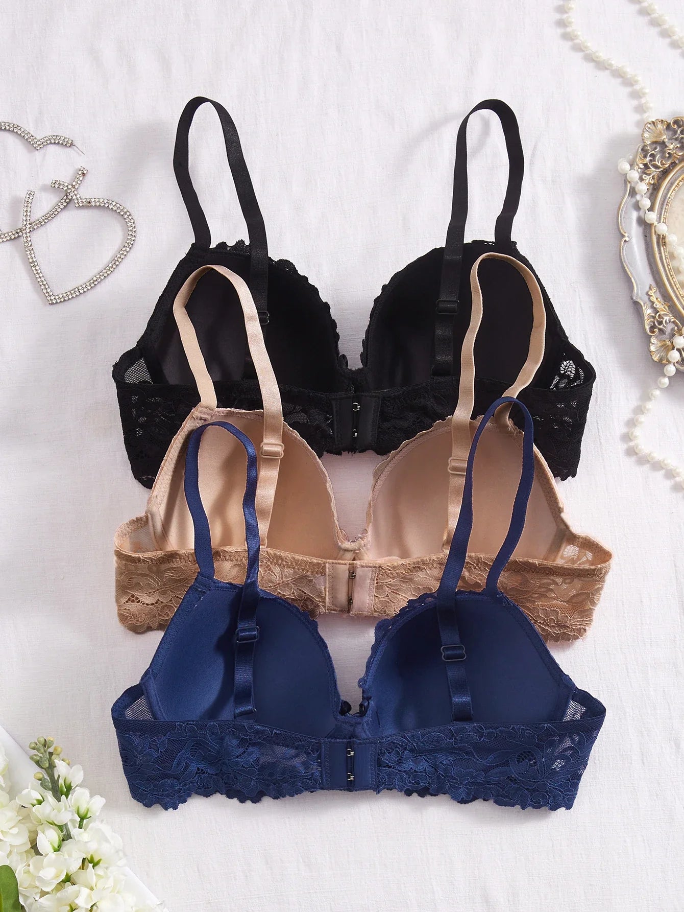 3PCS Lace Trim Women's underwear set Underwire Push up Bra for Women Bow & Rhinestone Comfort Daily Lingerie Set A B C Cup