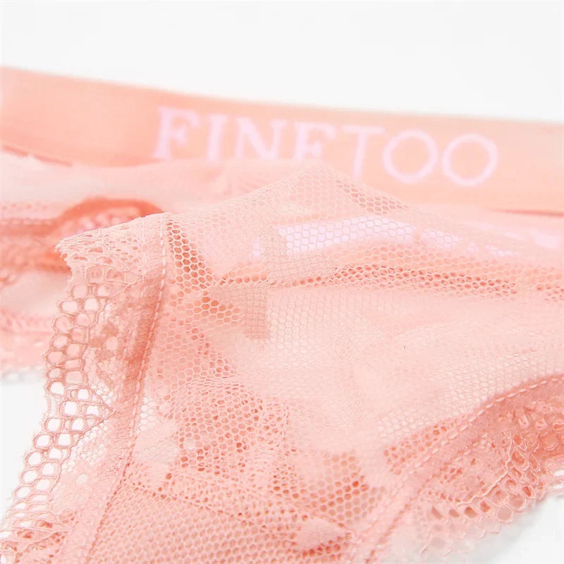 FINETOO Women Sexy Lace Low-Rise Thongs Letter Waist Transparent G-String Ladies Seamless Lingerie Hollow Out Perspective T-Back