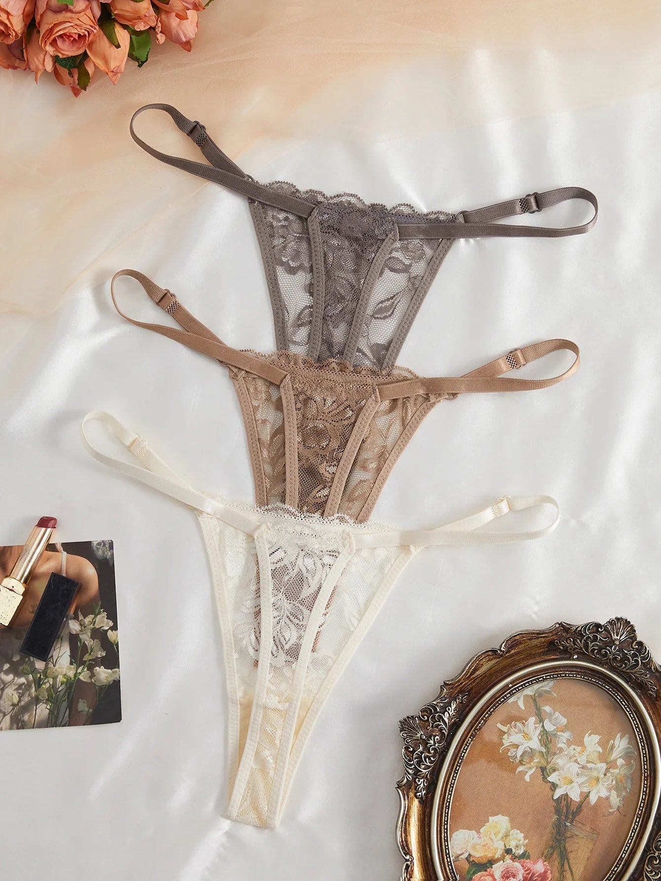 3-Pack Sexy Lace Women's Panties Adjustable Waistband Semi-Transparent Sexy Floral Lace Women's Sexy Lingerie Underwear