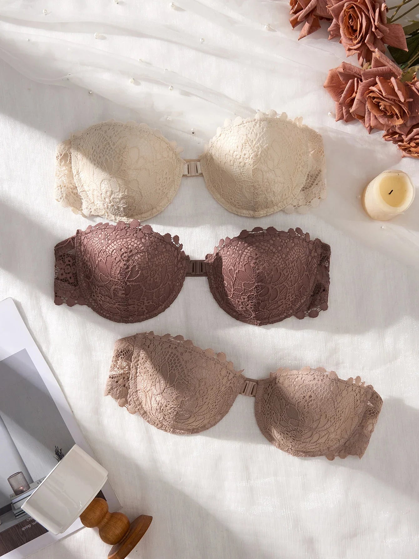 3Pcs Lace Women Strapless Bra Stylish Front Buckle Push up Bra Invisible Off-Shoulder Underwire Bras Women