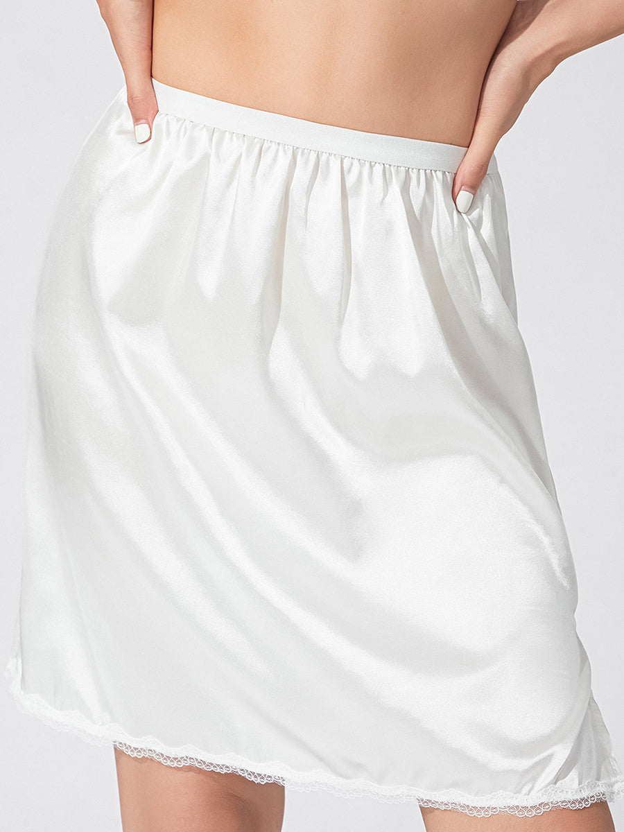 Women's Solid Color Skirts Elastic Waist Satin Underskirt Lace Trim Skirt for Under Dresses Black/White
