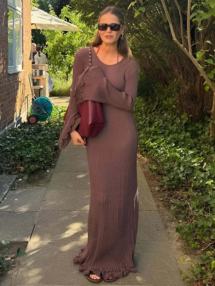 Trendix Knit Elegant Ruffle Maxi Dress Women Summer High Waist Long Sleeve Lace Up Dresses Casual Sexy Backless Knitwear Dress