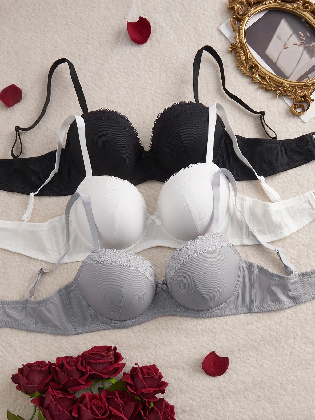 3Pcs Plus Size Women's Bras Lace Trim B C D E Thin Cup Ribbed Push up Bra Underwire Side Support Soft Women's Underwear Set