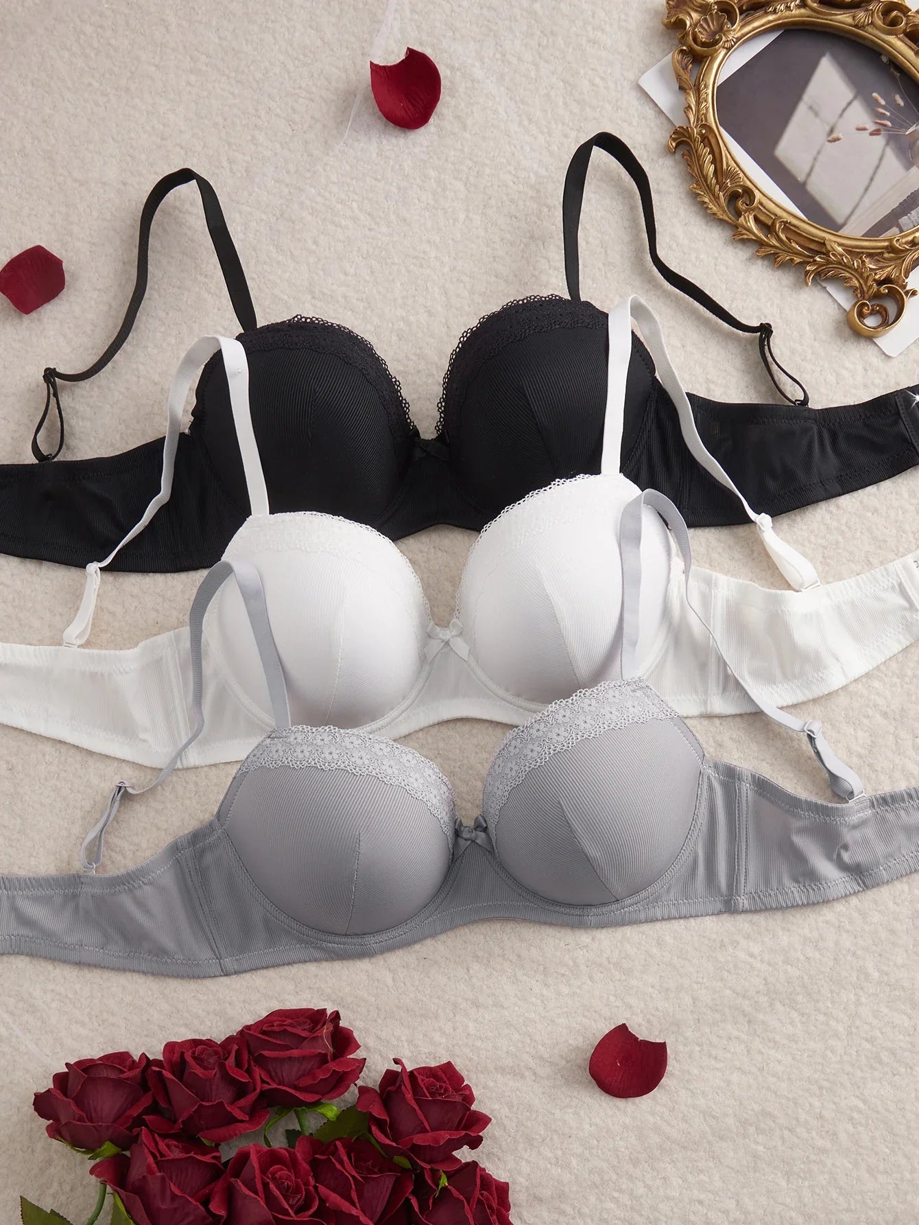 3Pcs Plus Size Women's Bras Lace Trim B C D E Thin Cup Ribbed Push up Bra Underwire Side Support Soft Women's Underwear Set