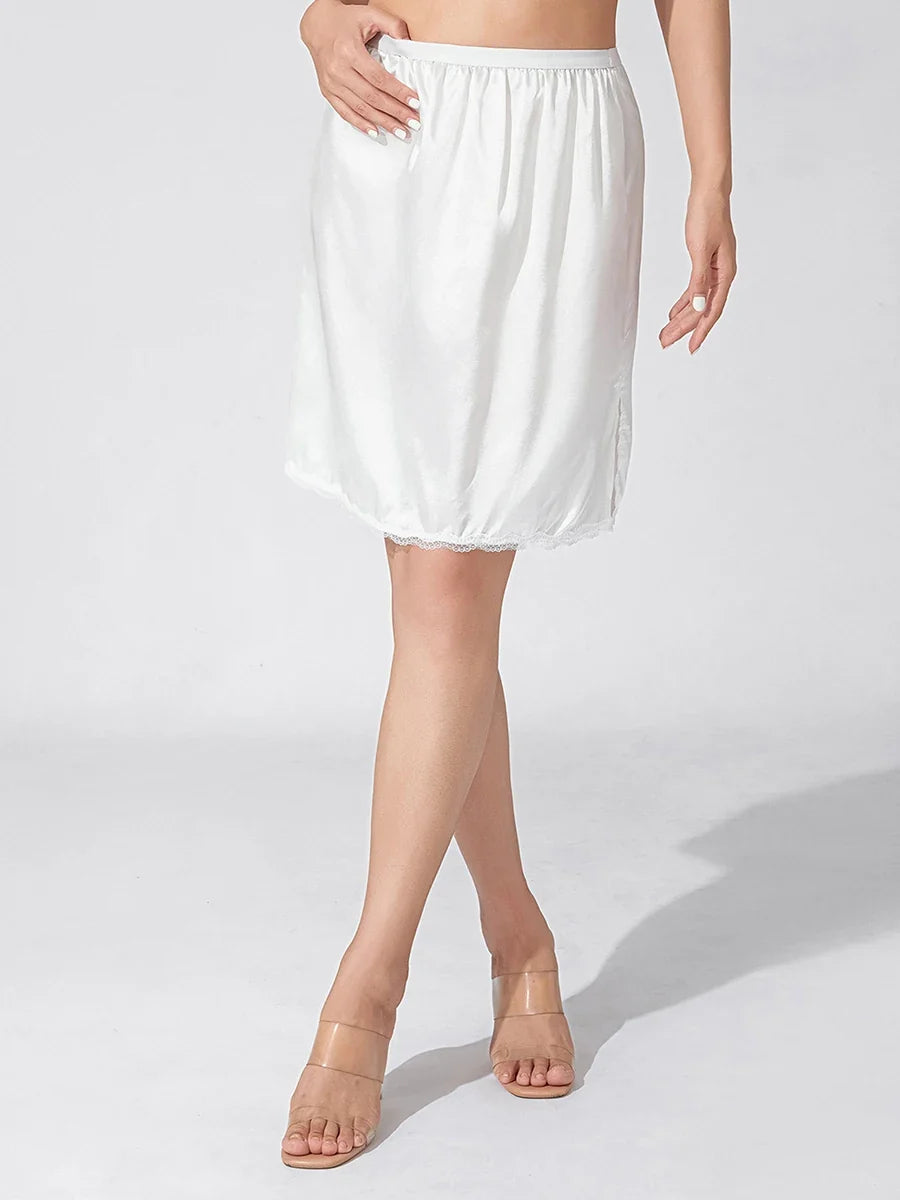 Women's Solid Color Skirts Elastic Waist Satin Underskirt Lace Trim Skirt for Under Dresses Black/White