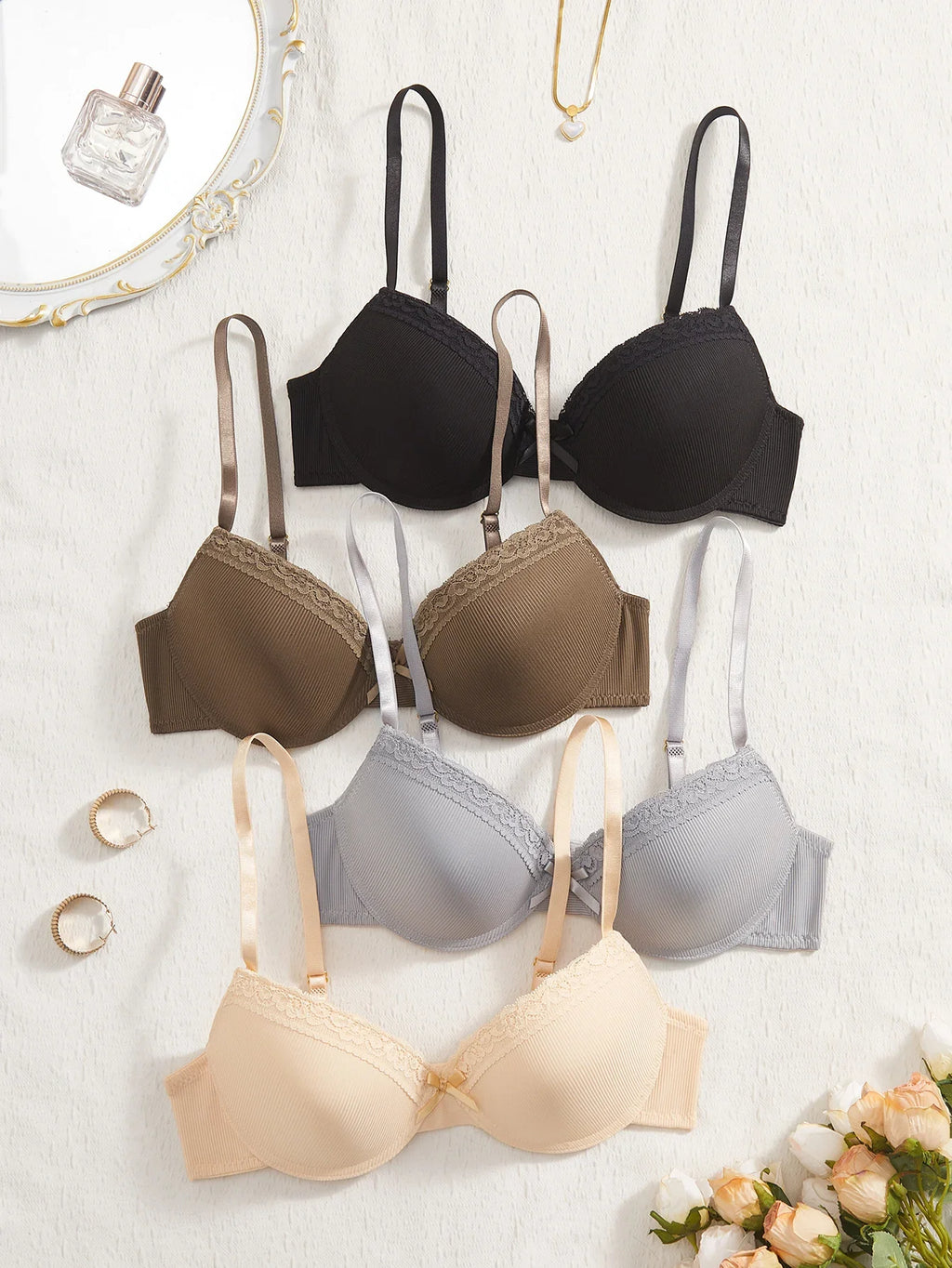 4Pcs Daily Lace Trim Women's Underwear Set Rib Knit Push up Underwire Bra Airy & Stylish Women's Bra