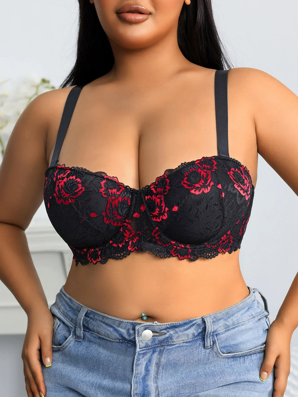 Daily Wide Strap Plus Size Women Bra Lace & Embroidery Push up Bra Comfort Thin Cup Underwire Support Lingerie Bra
