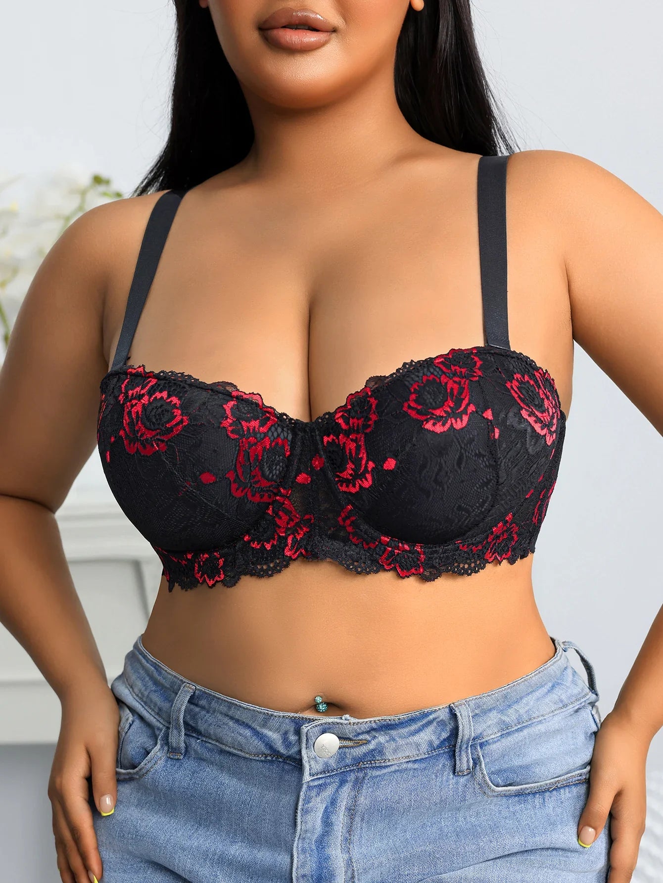 Daily Wide Strap Plus Size Women Bra Lace & Embroidery Push up Bra Comfort Thin Cup Underwire Support Lingerie Bra